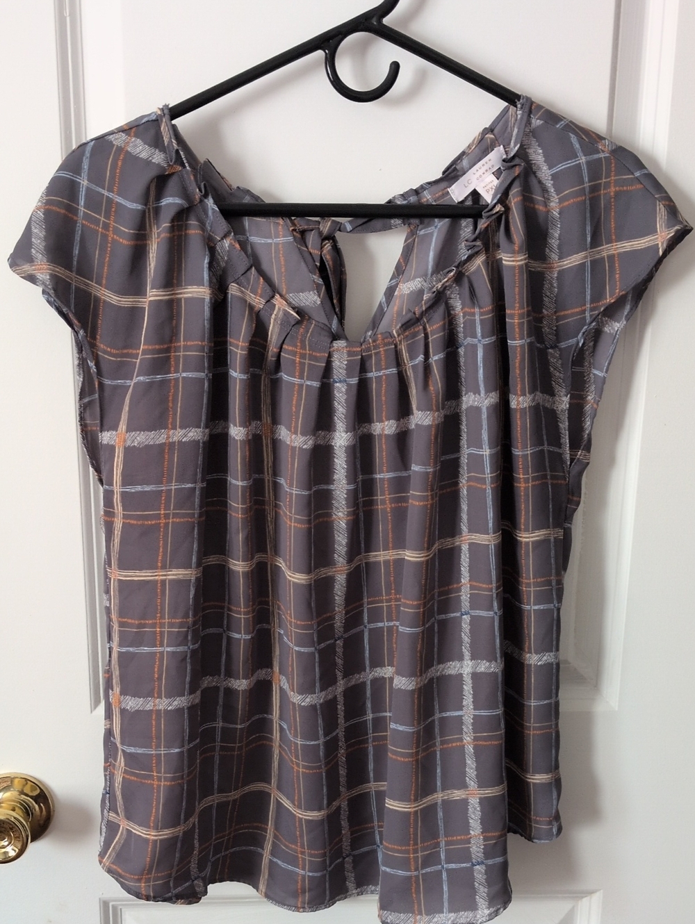 LC Lauren Conrad Gray Plaid Cap-Sleeve Blouse with Tan Accents